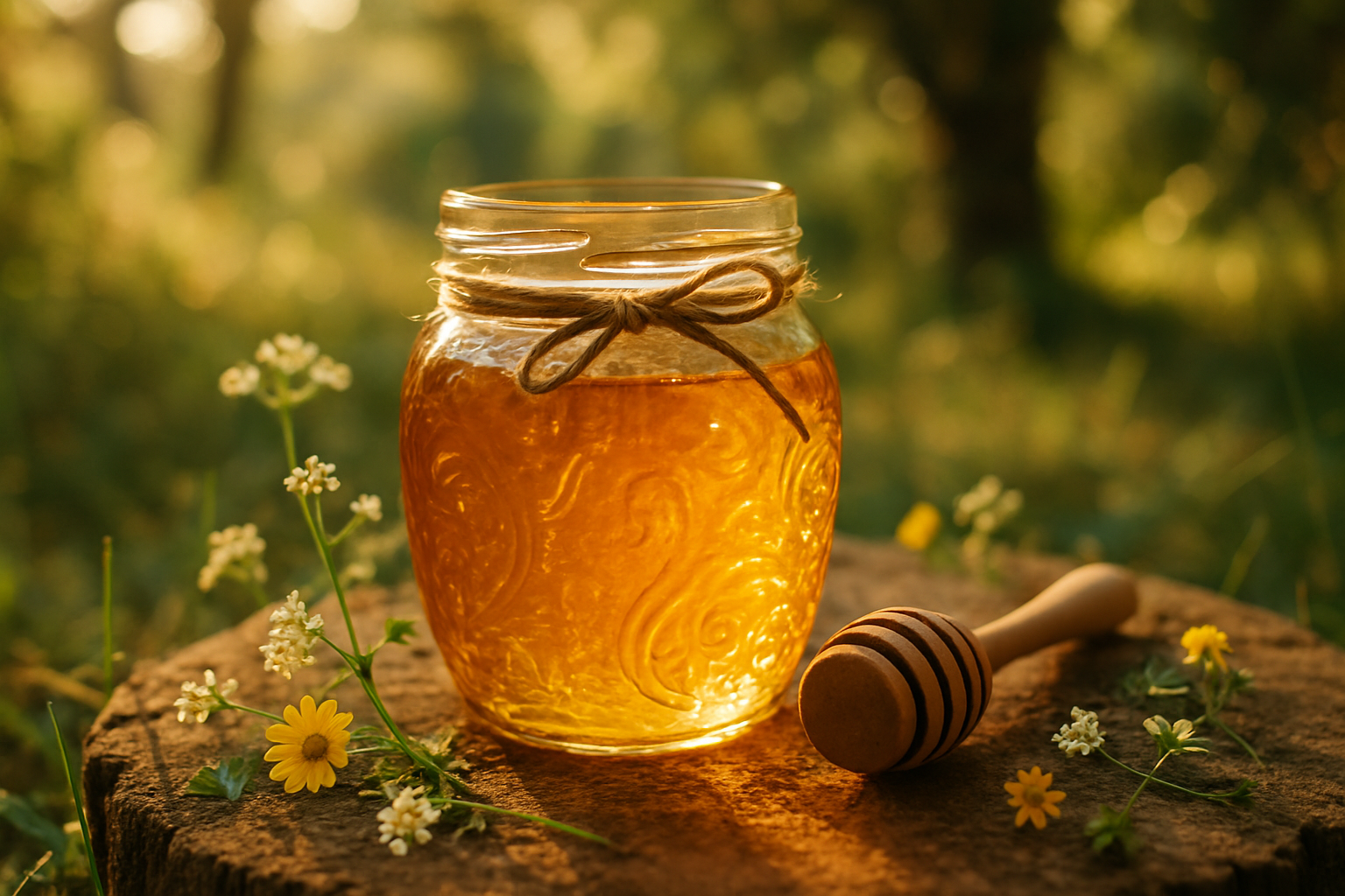 Artisan Honey Jar with flowers and natural light