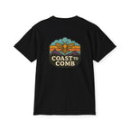 Black t-shirt with 'Coast to Comb' graphic on a white background