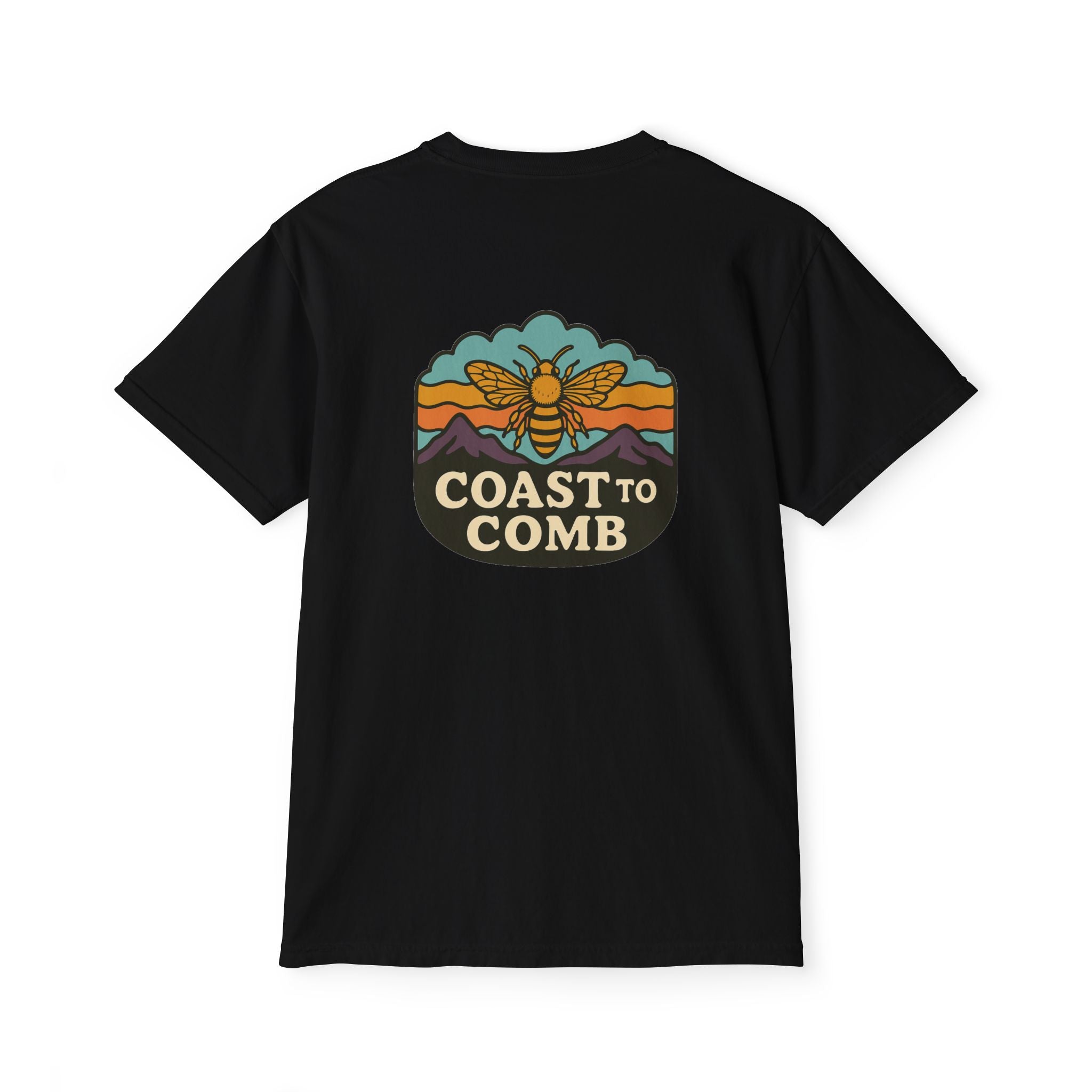 Black t-shirt with 'Coast to Comb' graphic on a white background