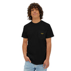 Person wearing a black t-shirt with a yellow logo on a white background