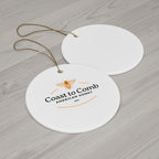 Round white tags with 'Coast to Comb American Honey' logo on a wooden surface