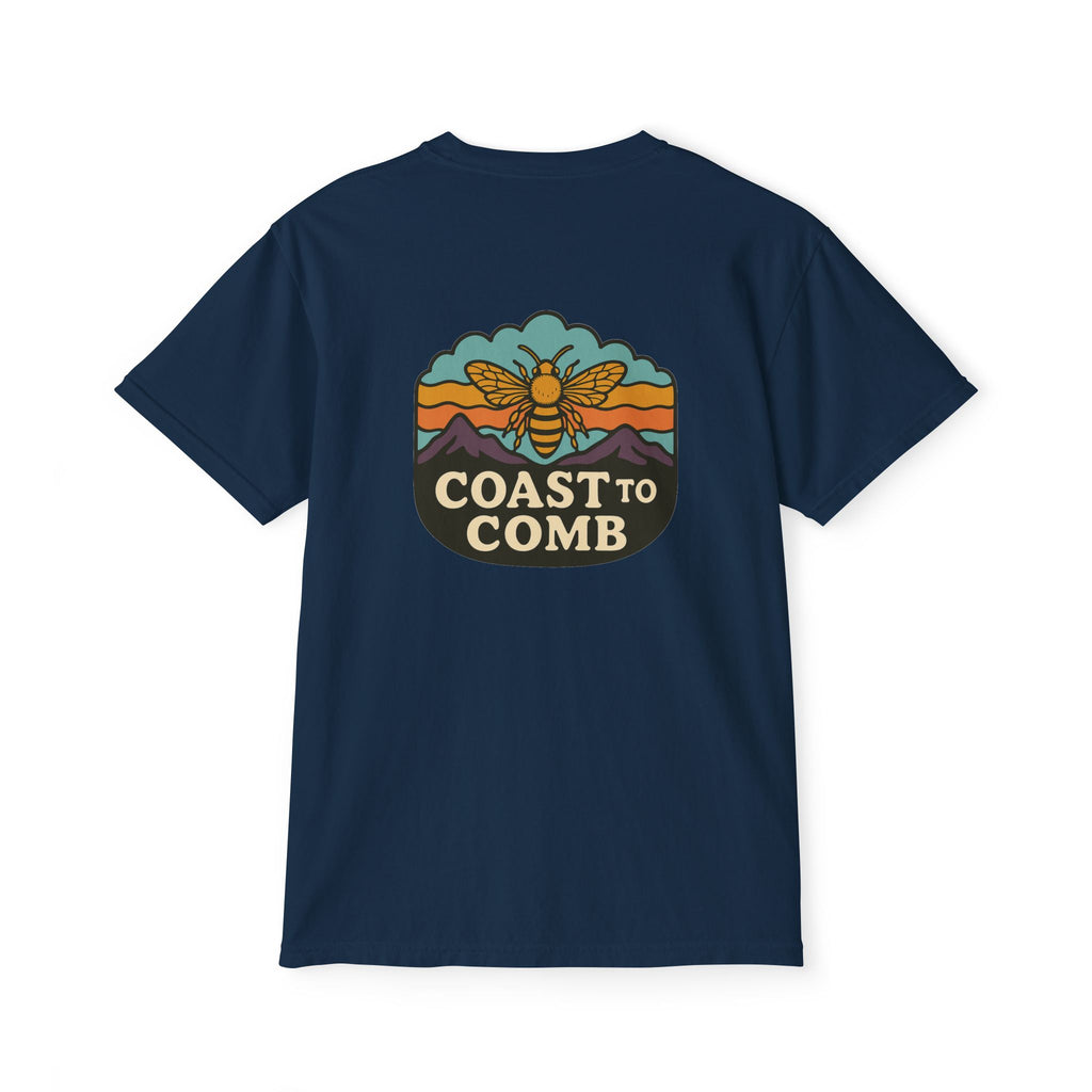 Navy blue t-shirt with 'Coast to Comb' graphic on a white background