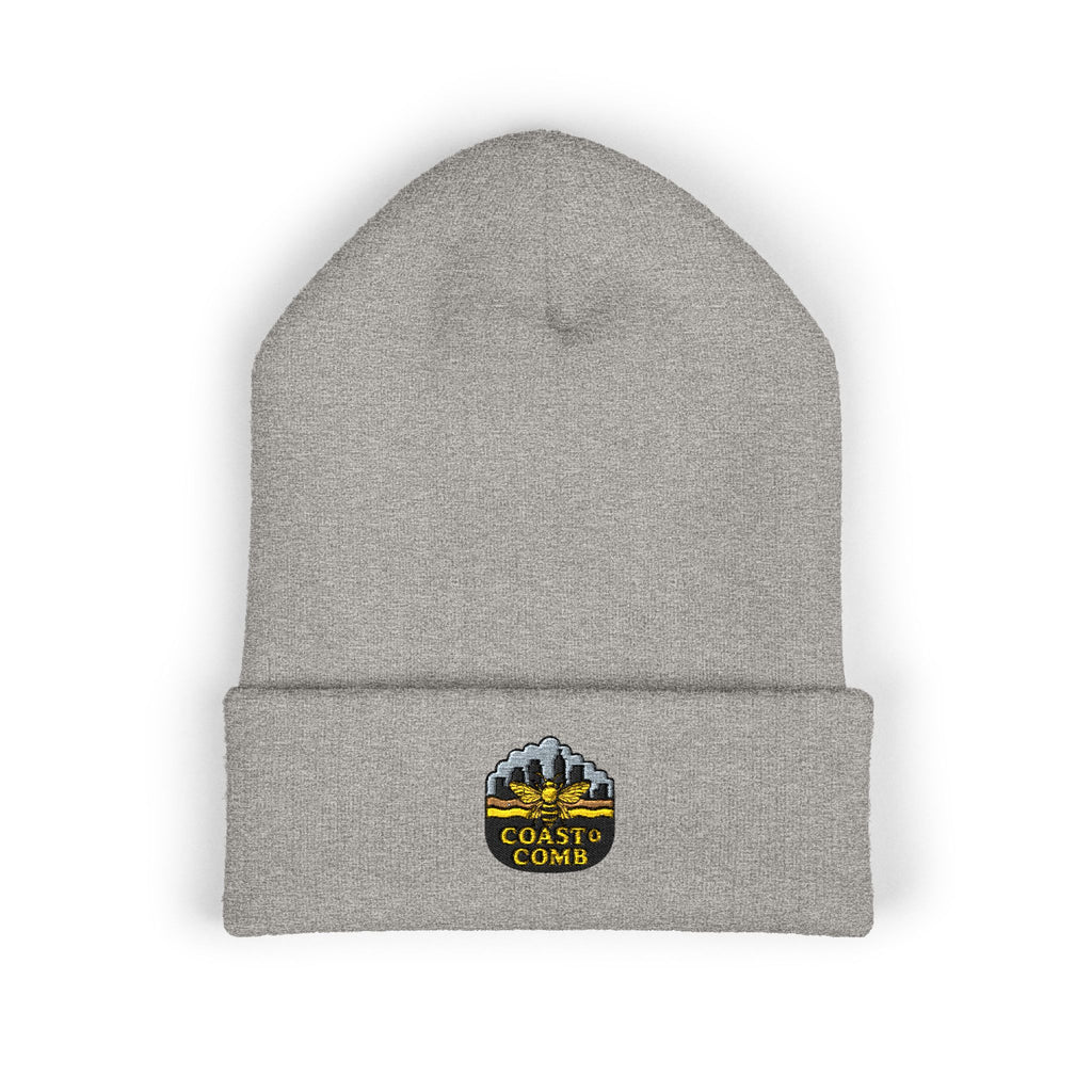 Gray beanie with a logo and text on a white background