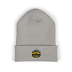 Gray beanie with a logo and text on a white background