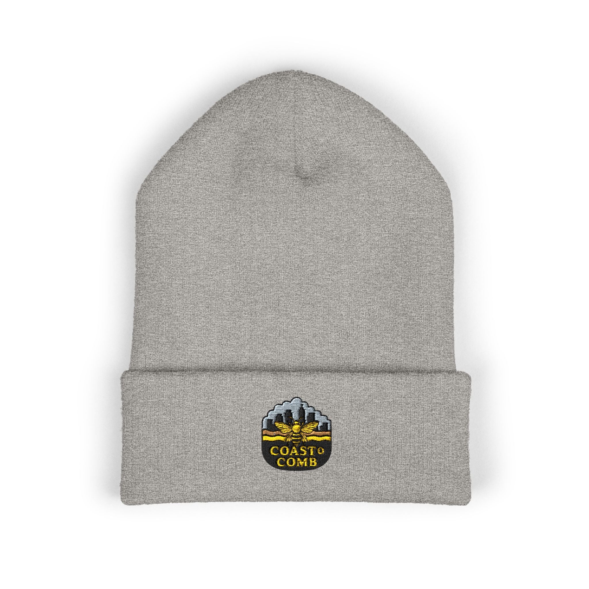 Gray beanie with a logo and text on a white background