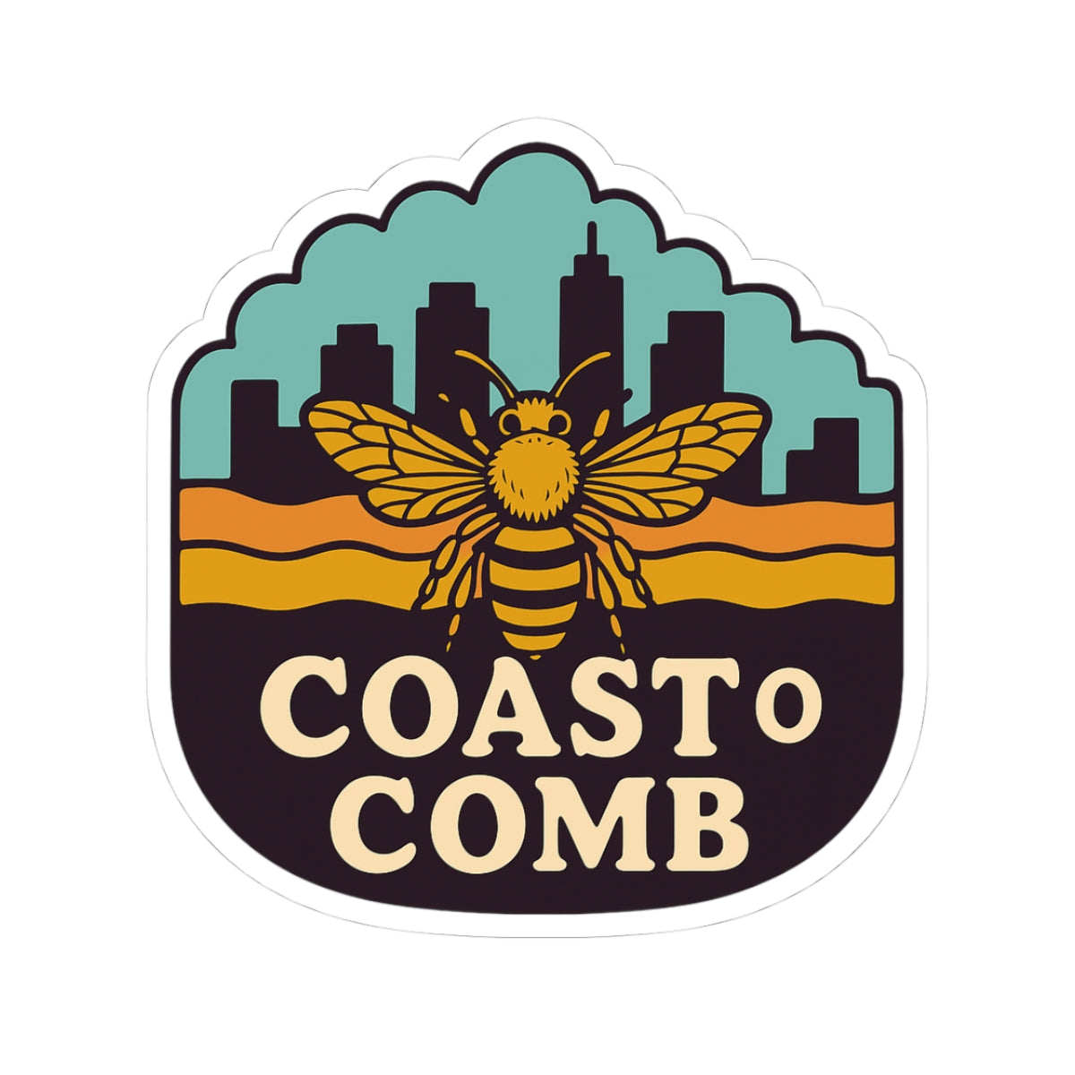 Logo with a bee and cityscape, featuring the text 'Coast o Comb'.