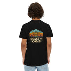 Person wearing a black t-shirt with 'Coast to Comb' design on the back, standing against a white background.