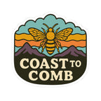 Sticker with honey Bee and mountain background. Words include: Coast to Comb