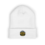 White beanie with a logo on the left side against a white background