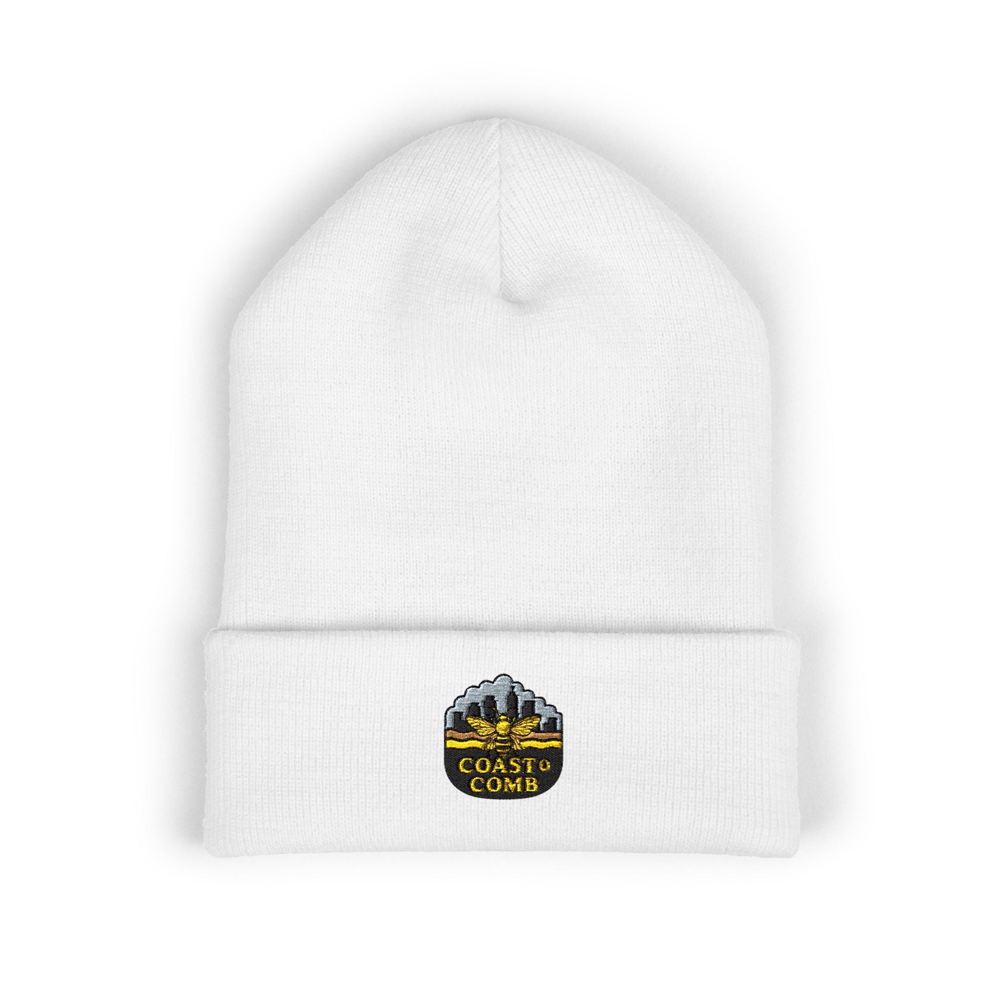 White beanie with a logo on the left side against a white background
