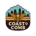 Logo with a bee and cityscape, featuring the text 'Coast o Comb'.