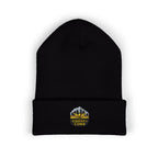 Black beanie with a logo and text on a white background