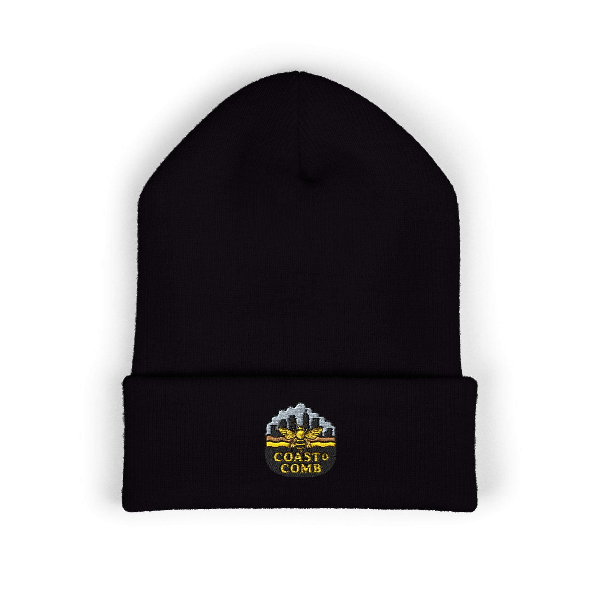 Black beanie with a logo and text on a white background