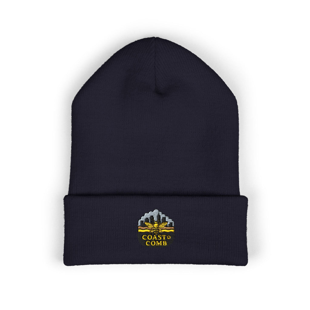Black beanie with embroidered logo on a white background