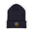 Black beanie with embroidered logo on a white background