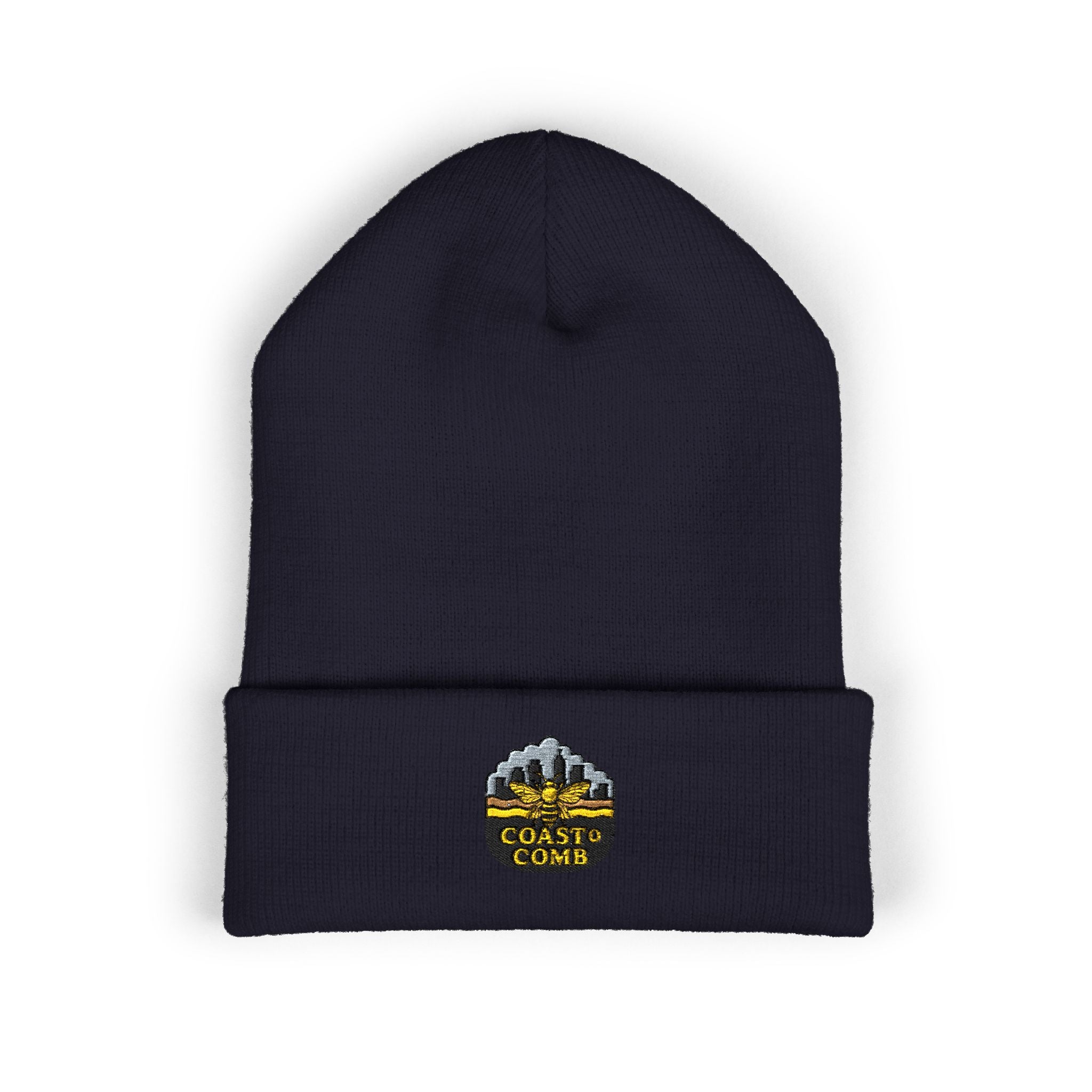 Black beanie with embroidered logo on a white background