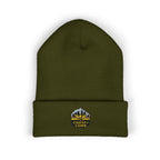 Green beanie with a logo and text on a white background
