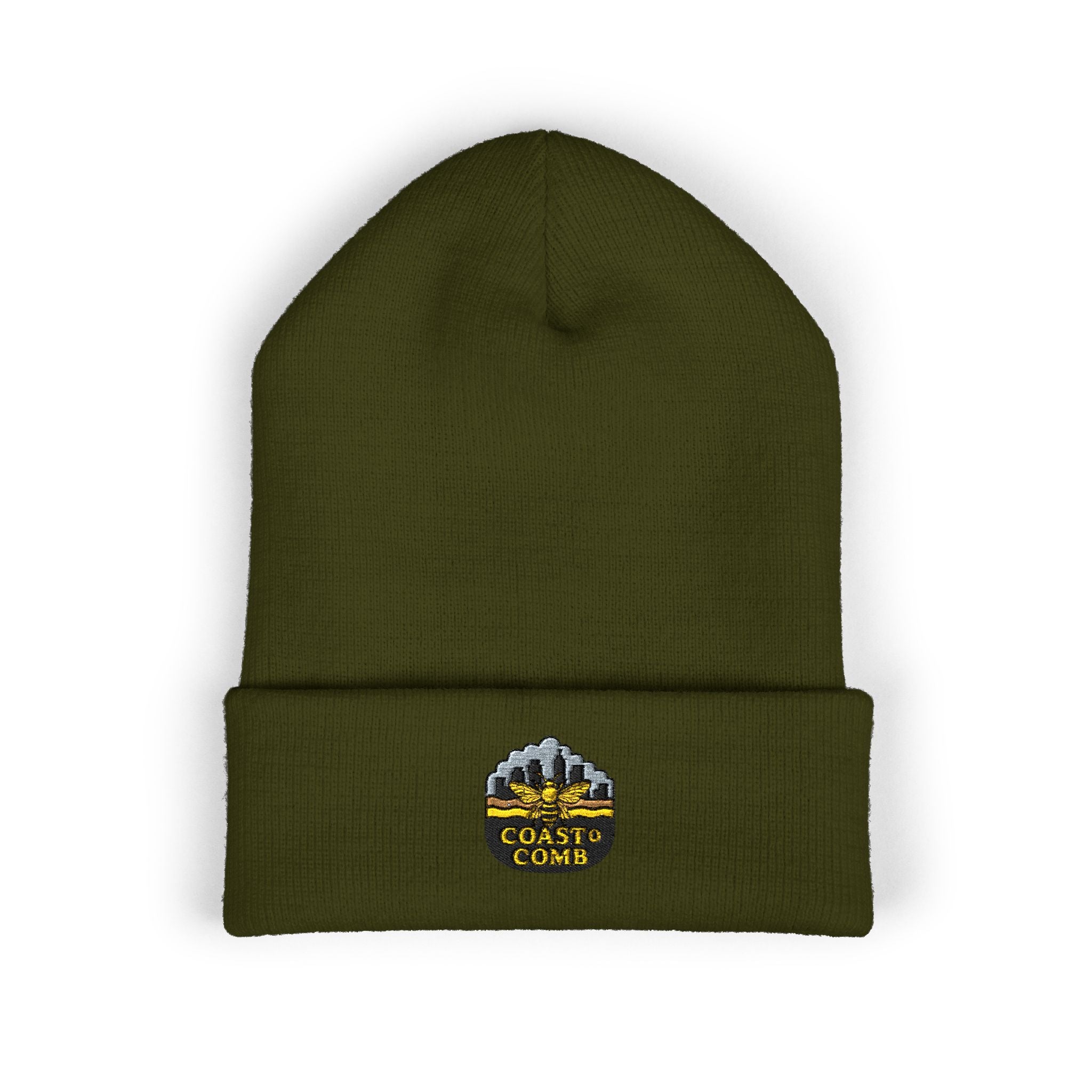 Green beanie with a logo and text on a white background