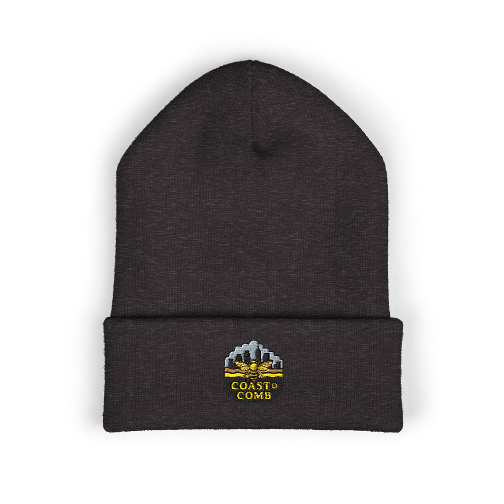 Dark gray beanie with embroidered logo on a white background