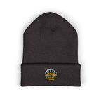 Dark gray beanie with embroidered logo on a white background