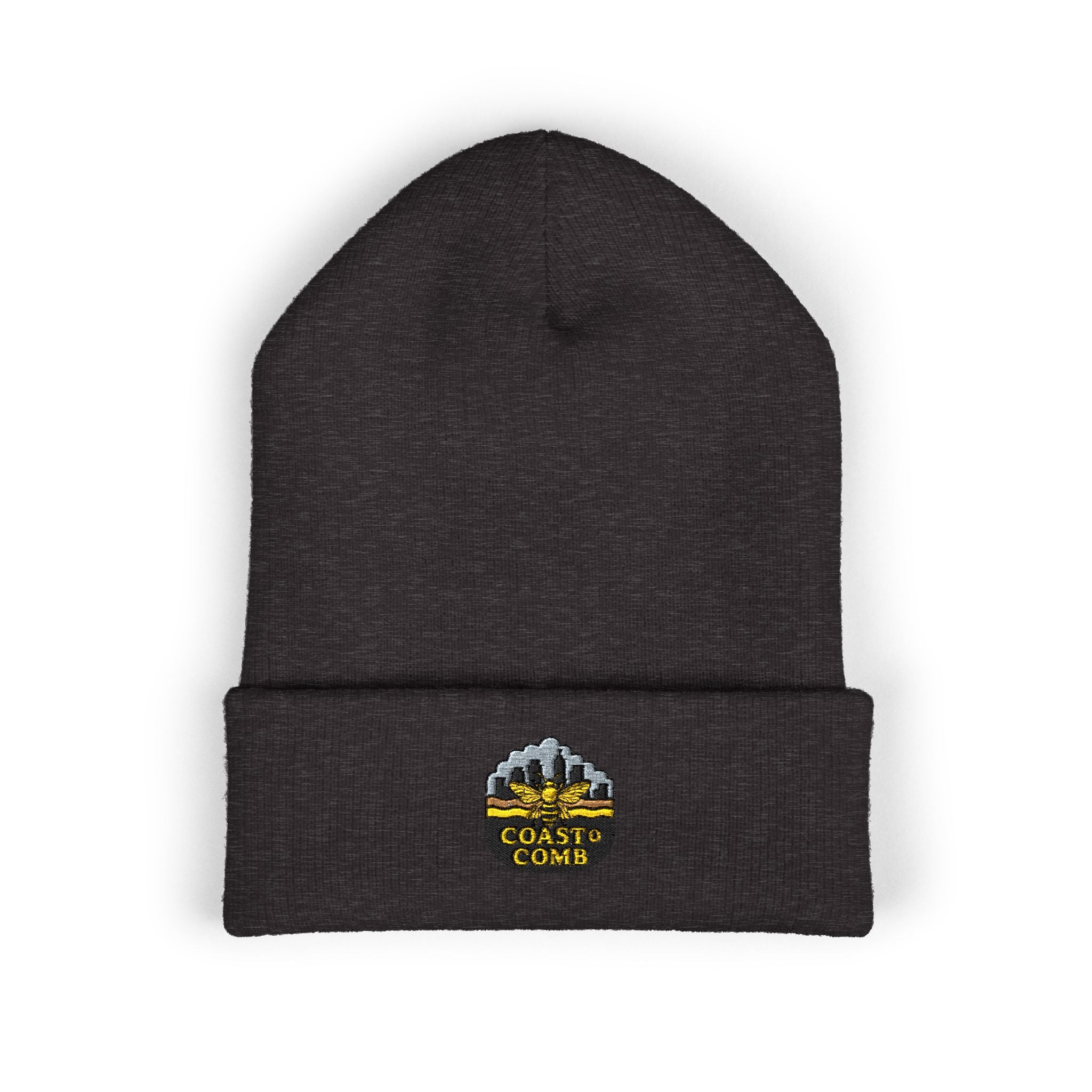 Dark gray beanie with embroidered logo on a white background