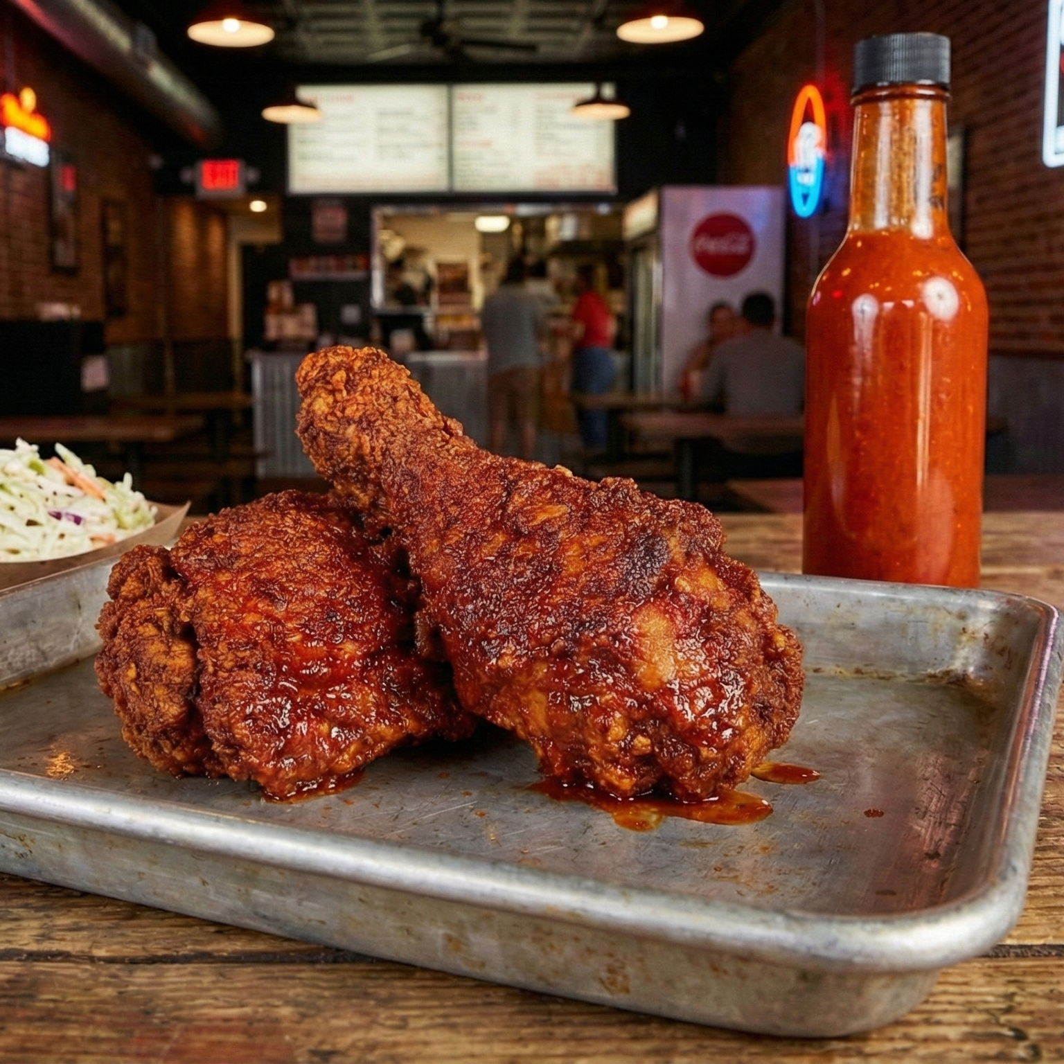 Two fried chicken drumsticks on a metal tray with a bottle of hot sauce in a restaurant setting.